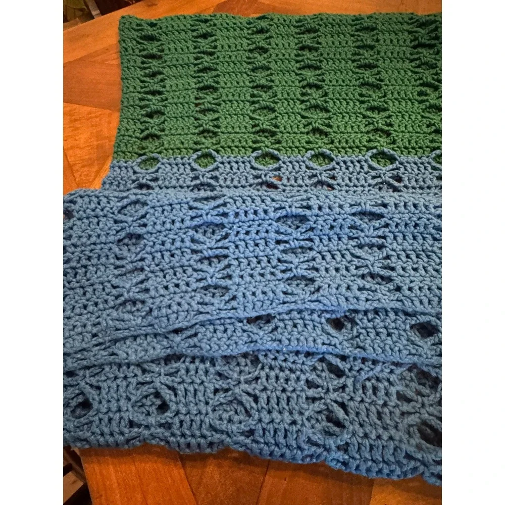 Handmade Granny Crochet Throw Blanket Green Blue Two Tone Open‎ Weave Boho Wrap